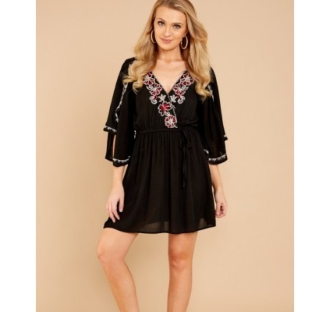 Black Flutter Sleeve Embroidered Dress- Small